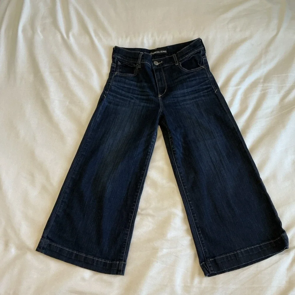 Express Cropped Jeans Women 8 Dark Blue‎ Stretch Cropped Wide Leg